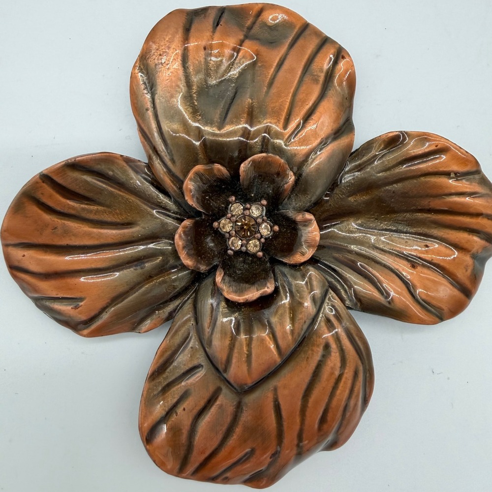 Vintage Erwin Pearl Magnolia Flower Brooch Brown Enamel Rhinestone Statement